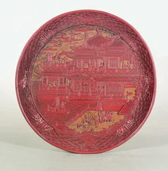 Prato de laca, esculpido, representando o Pavilhão Orquídea do Príncipe Tang, 1489