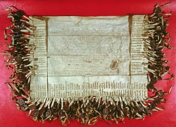 Carta medieval de protesto da nobreza boêmia contra o tratamento de John Huss (c.1369-1415) pelo Conselho de Constança, 1415-16 (tinta em pergaminho)