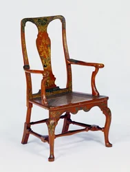 Poltrona japanned Queen Anne vermelha com pernas cabriole, c.1710