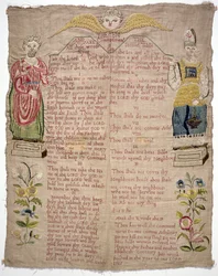 Sampler, representando os dez mandamentos, por Elizabeth Coventry, Inglês, 1727 (sedas coloridas sobre linho)