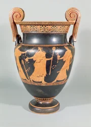 Volute krater, cena dionisíaca mostrando desmembramento ritual de um animal selvagem, sótão, 450-425 BC