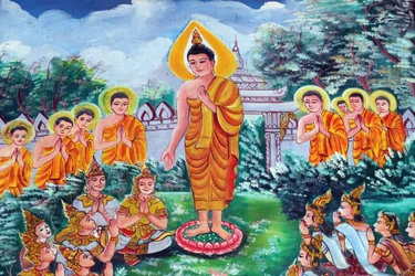 20151029, Vientiane, Laos : Wat templo budista Inpeng. Pintura retratando a história de vida de Shakyamuni Buda