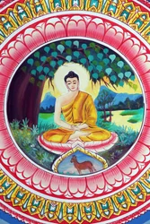 20151029, Vientiane, Laos : Wat templo budista Inpeng. Pintura retratando a história de vida de Shakyamuni Buda. Buda sentado na pose de meditação