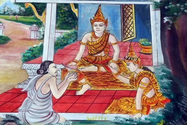 20151029, Vientiane, Laos : Wat templo budista Inpeng. Os Contos de Jataka são narrativas sobre as vidas anteriores do Buda (isto é, antes de ele ter nascido pela última vez para se tornar o Buda).