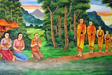 20151029, Vientiane, Laos : Wat Si Muang ( Simuong) templo budista. Pintura retratando a história de vida de Shakyamuni Buda