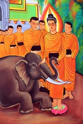 20151029, Vientiane, Laos : Wat Si Muang ( Simuong) templo budista. Pintura retratando a história de vida de Shakyamuni Buda. Um elefante selvagem domesticado pela bondade amorosa.