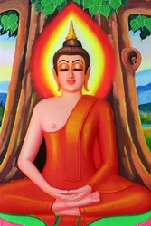 20151030, Vientiane, Laos : Wat Si Muang ( Simuong) templo budista. Pintura retratando a história de vida de Shakyamuni Buda. Buda sentado na pose de meditação debaixo da árvore Bodhi