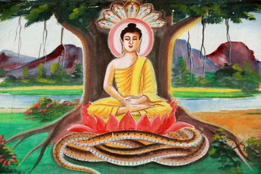 20151102, Vang Vieng, Laos : Pintura retratando a história de vida de Shakyamuni Buddha. Buda sentado na pose de meditação debaixo da árvore Bodhi