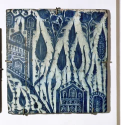 Azulejo A3 com design estilizado de casas e flores, egípcio, mameluco