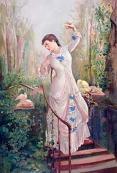 Uma mulher do século XIX num jardim com rolinhas, depois do quadro La Tórtola Madre, de Ramon Marti y Alsina, de 
