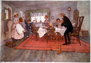 Um jantar de Natal em Inglaterra, ilustração de Will Owen, finais do século XIX