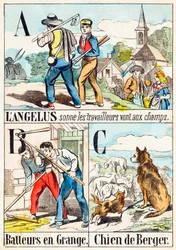 A Os anéis do Angelus, os trabalhadores vão para os campos; B Os Mestres no celeiro; C O cão do pastor - "Alfabeto da fazenda" no final do século XIX (gravura)