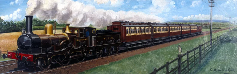 Um comboio ferroviário de Lancashire Oeste transportado pela locomotiva "Blackburn