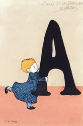 A é para apanhar - Alfabeto infantil. C. M. Editeur, Paris. Cartões postais pintados à mão, franqueados em 1904. Tamanho : 14 x 9 cm