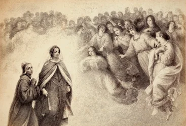Uma multidão de sombras aproxima-se de Dante e Beatriz. Ilustração do Canto V do Paraíso da Divina Comédia de Dante Alighieri. Obra de Francesco Scaramuzza dedicada ao Município de Florença.