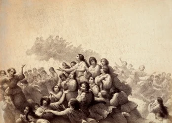 Um bando de almas voa através do firmamento do Paraíso. Ilustração do Canto III do Paradiso de A Divina Comédia de Dante Alighieri. Obra de Franceso Scaramuzza dedicada ao Município de Florença.