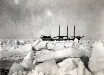 Um navio de quatro esteiras a navegar entre os icebergues.