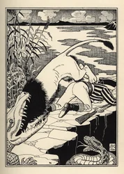 Um leão que queria atacar o Barão de Munchausen acabou por ficar com um crocodilo. Ilustração de William Strang (1859-1921) e JB Clark de "The Adventures of the Baron of Munchausen (Munchhausen)" de Rudolf Erich Raspe (1736-1794) (1789)