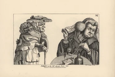 Um vigário rico e rechonchudo, com cachimbo de tabaco e licor, ignora as súplicas de uma pobre mulher idosa. Gravura em talhe-doce de Thomas Sanders a partir de uma ilustração satírica de Timothy Bobbin (John Collier) (1708-1786) de Human Passions Delineat