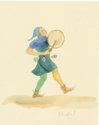 Um desenho de reconstrução de um trovador medieval tocando um instrumento de percussão, possivelmente um tabor