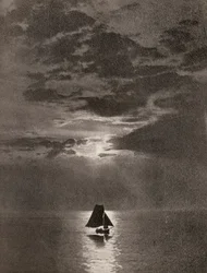 Um trecho de oceano ao luar com um veleiro
