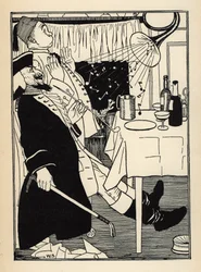 Uma trombeta que tinha congelado, produz sons por si só quando aquece, tem a diversão e o espanto de toda Ilustração de William Strang (1859-1921) e JB Clark de "The Adventures of the Baron of Munchausen (Munchhausen)" de Rudolf Erich Raspe (1736-