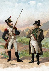Um jovem soldado pára Napoleão I no seu caminho em 1805. Século XIX (cromolitografia)
