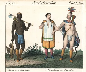 Homem acadiano com o corpo tatuado e um casal de índios canadianos. Litografia para o livro: "Galerie complete en tableaux fideles des peuples d