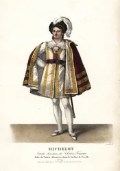 O ator Pierre Marie Nicolas Michelot no papel de Comte Almaviva em Le Barbier de Seville de Pierre Beaumarchais, Theatre Français. Litografia colorida à mão por F. Noel a partir de uma ilustração de Alexandre-Marie Colin de Portraits d