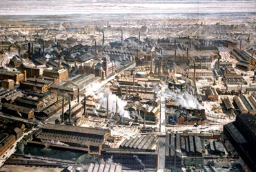 Vista aérea da fábrica Krupp em Essen, c. 1920 (gravura)