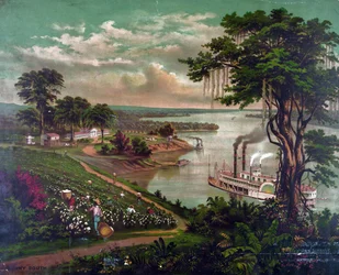 Afro-americanos a apanhar algodão numa plantação junto ao Mississipi, c1883. Casa da plantação à esquerda, cabanas dos trabalhadores à direita. Pontão para carregamento de fardos de algodão, ao centro. Paddle Steamer Rio Agricultura Têxtil Paisagem EUA