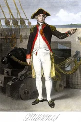 Marinha americana: John Paul Jones (1747-1791) marinheiro e herói da Guerra da Independência dos Estados Unidos da América. Gravura a cores com assinatura.