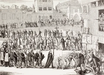 Um Auto-da-fe, ou Acto de Fé, procissão em Espanha, depois de uma gravura do século XV, de "Military and Religious Life in the Middle Ages" de Paul Lacroix, publicado em Londres por volta de 1880.