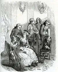Um serão no castelo de Vaux-le-Vicomte na época do rei Luís XV (1710-1774). Século XIX (gravura de "Mysteres des vieux chateaux de France" de Le Francois)
