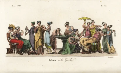 Antigas mulheres gregas na sua casa de banho: lavar o cabelo com uma fonte, experimentar roupa, arranjar o cabelo, admirar um colar, etc., gravura em chapa de cobre colorida à mão por Sasso depois de uma pintura de Pelagio Palagi de Giulio Ferrario