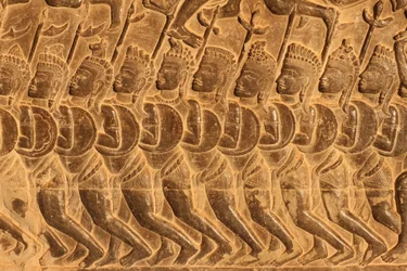 Angkor Wat. Detalhe da Escultura de Alívio da Batalha de Kurukshetra Siem Reap Cambodja