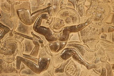Angkor Wat. Detalhe da Escultura de Alívio da Batalha de Kurukshetra Siem Reap Cambodja
