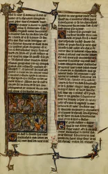 Lenda arturiana (busca do Santo Graal): Benoic persegue o Saxão e a batalha de Danablaise são duas iluminuras extraídas do manuscrito História de Merlim, datado do século XIII entre 1280-1290