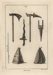 Armas asiáticas: machado de batalha 1, punhal 2, machado de batalha Rohilla 3, crista indiana ou kris 3, e frasco de pólvora oriental 5,6