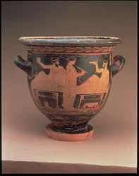 Sótão de sótão com sino vermelho decorado com uma cena de simpósio de duas figuras reclinadas e um flautista de pé, grego, c.440-430 BC (olaria)