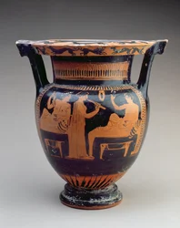 Krater de coluna de sótão com uma cena de Simpósio de um flautista entre dois machos reclináveis, grego, c.420 BC (olaria)