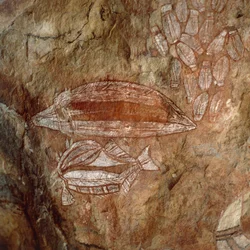 Austrália, Território do Norte, Arnhem Land, Parque Nacional Kakadu, Nourlangie Rock, pinturas rupestres aborígines