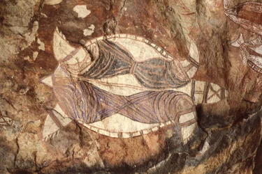 Austrália, Território do Norte, Arnhem Land, Parque Nacional Kakadu, Nourlangie Rock, pinturas rupestres aborígines