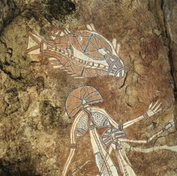 Austrália, Território do Norte, Terra de Arnhem, Parque Nacional de Kakadu, rocha de Nourlangie, pinturas rupestres aborígenes