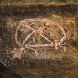 Austrália, Território do Norte, Terra de Arnhem, Parque Nacional de Kakadu, Nourlangie Rock, pinturas rupestres aborígenes