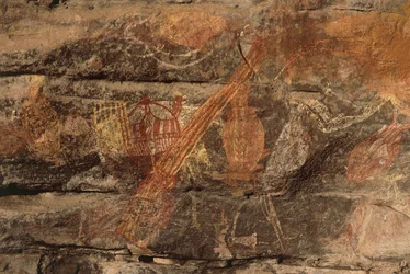 Austrália, Território do Norte, Terra de Arnhem, Parque Nacional de Kakadu, Obiri Rock, pinturas rupestres aborígenes