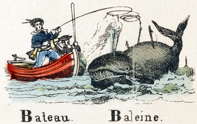 B - Bateau Whale - Alfabeto - entretenimento infantil - Imagem epinal, série popular c.1890 (ilustração)