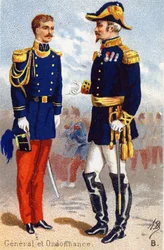 B: Geral e Ordenança. Gravura em "Alfabeto Militar" . Iniciais do Ilustrador: A. D. Editora desconhecida. Cromolitógrafos do final do século XIX. Dim: 10,5x7cm .