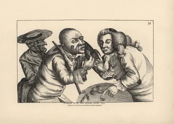 Toby, falido, e a mulher, Doxy, a pedir queijo e cerveja numa taberna. Gravura em talhe-doce de Thomas Sanders a partir de uma ilustração satírica de Timothy Bobbin (John Collier) (1708-1786) de Human Passions Delineated, John Haywood, Manchester