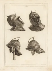 Capacete de bar 1,2, e capacete do Duque de Monmouth com uma mola para suportar uma panachê.